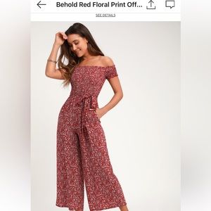 Lulus Behold Red Floral Print Off-the-Shoulder Jumpsuit